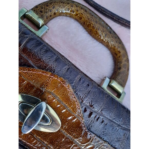 vintage Italian Leather Handbag Bag Brown Faux Croc Embossed Suede Top Handle - Picture 7 of 12